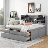 Merax Full Corner Bed Frame with Bookcase Storage, Daybed with Trundle & 3 Drawers Solid Wooden Platform Bedframe Captain Bed for Living Room,Bedroom & Guest Room, Grey Merax