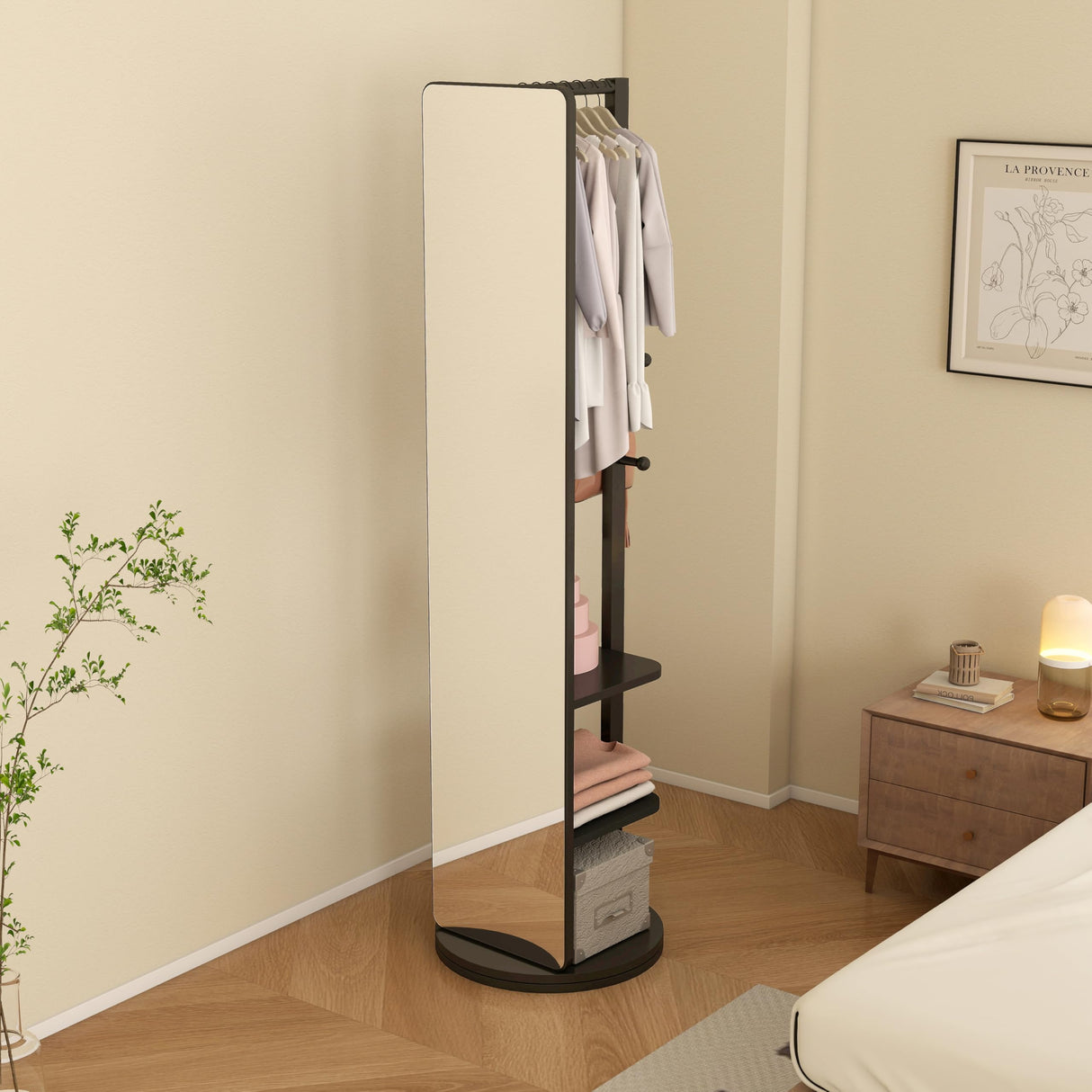 KEIKI Full Length Mirror with Cloak Rack, 68.8"x19.6" Rotatable Full Body Mirror Solid Wood Floor Mirror for Bedroom, Living Room, Dressing Room (Black) KEIKI