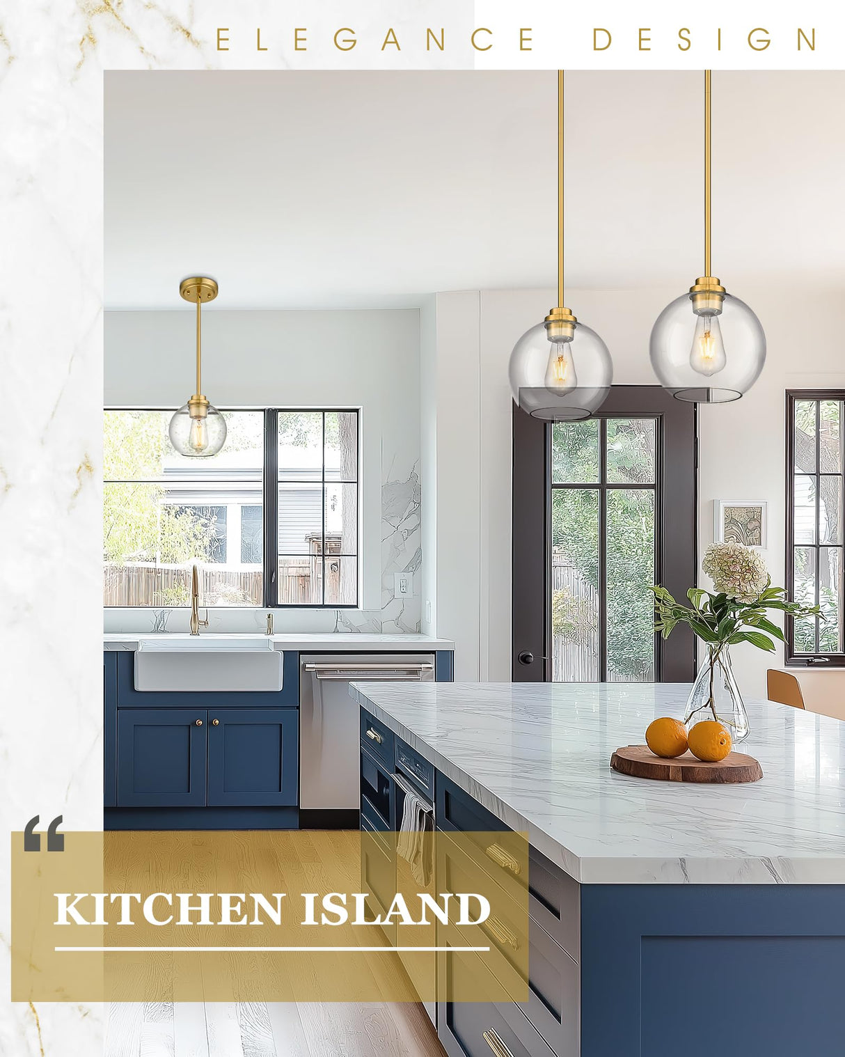 Audickic Brass Pendant Lights Kitchen Island 2 Pack, Farmhouse Gold Pendant Light with Clear Glass Globe Shade, Kitchen Island Lighting for Dining Room Entryway, AD-22280-1P2-GD-C Audickic