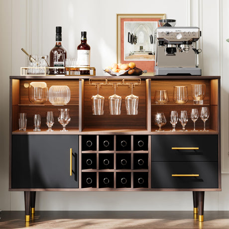 Svimi Bar Cabinet, 47 inch Walnut - Modern Cabinet with LED Light Charging Station, Buffet Table, Coffee Bar & Storage for Home Bar Svimi