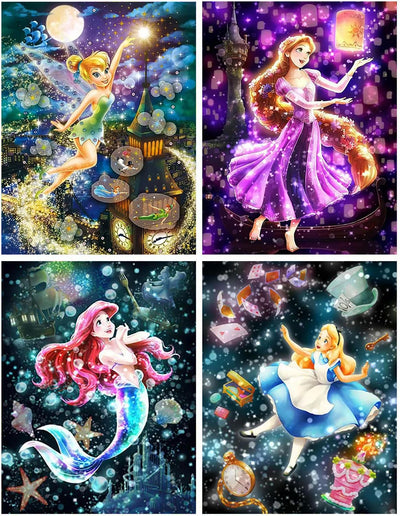 RYMILIE 4 Pack Diamond Painting Kits for Adults, 5D Princess Diamond Art for Beginners, Full Drill Gem Dots for Home Wall Decor 12x16inch