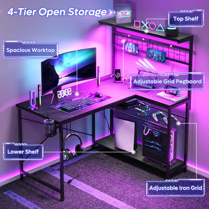 Bestier 42 L Gaming Desk,Computer Desk with Power Outlets, LED Lights, Reversible Corner Desk with 4-Tier Shelves,Cup Holder & Hook Black Marble - WoodArtSupply