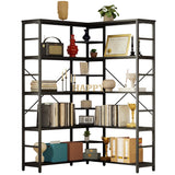 IRONCK Industrial Bookcases and Bookshelves, 5-Tiers Corner Bookcase with Curved Panels, L Shaped Shelf with Metal Frame for Open Storage for Living Room Home Office, Black IRONCK