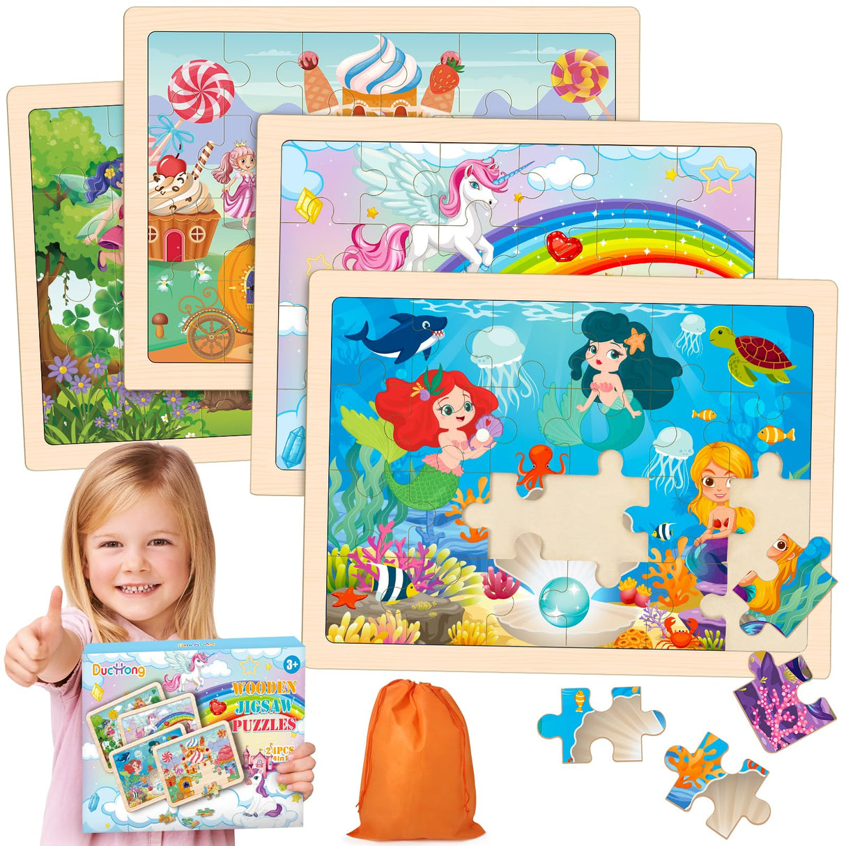 Princess Unicorn Mermaid Fairy Puzzles for Kids Ages 4-6, 4 Packs Wooden Jigsaw Puzzles for Toddlers Girls 2-4, Preschool Educational Puzzles Boards Toys Gifts for Girls Boys 3 4 5 6 Duchong