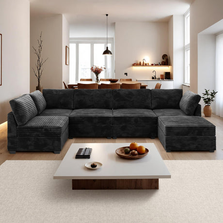 ovios 130.7" Modular Sectional Sofa Couch, U Shaped Minimalist Couches with Sofa Bed Chaise, Modern Deep Seat Cloud Plush Corduroy Sofa Set for Living Room, 6 Seat, Black ovios