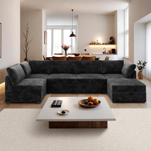 ovios 130.7" Modular Sectional Sofa Couch, U Shaped Minimalist Couches with Sofa Bed Chaise, Modern Deep Seat Cloud Plush Corduroy Sofa Set for Living Room, 6 Seat, Black