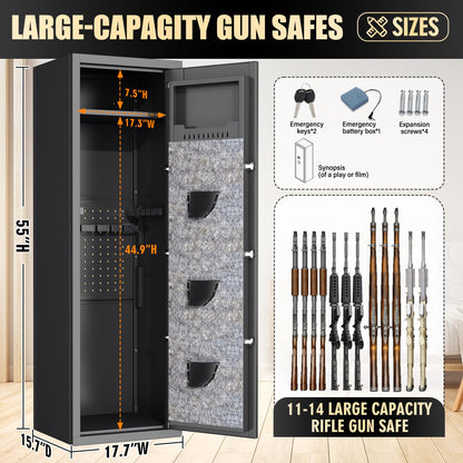 Metallitrend 10-15 Large Gun Safe Cabinet with 3 Pistol Pouches,Rifle Gun Safes for Home Fireproof Waterproof Adjustable Rack and Biometric Lock,Heavy-Duty Gun Safes for Rifles and Shotguns Money