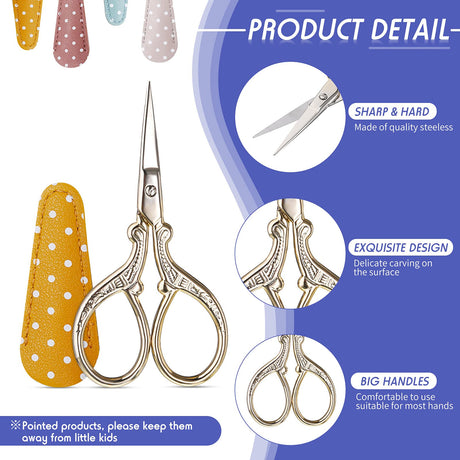 Honoson 4 Pcs Sewing Embroidery Scissors with 4 Pcs Artificial Leather Cover 3.6 Inch Stainless Steel Stork Scissors Vintage Embroidery for Needlework Manual Sewing Handicraft(Retro Colors) Honoson