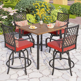 PHI VILLA 5 pcs Outdoor Bar Set, Outdoor Swivel Bar Stool with Red Seat Cushion and Lumbar Support,Extra Large Metal Bar Table with Umbrella Hole for Poolside Garden PHI VILLA