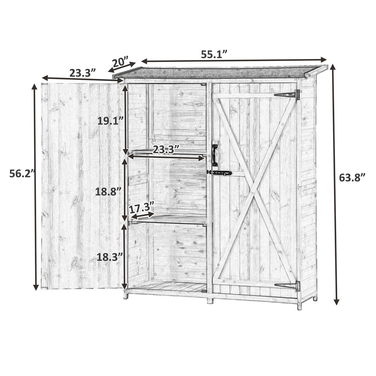 EOVTK Outdoor Wood Storage Shed, 5.3x4.6FT Garden Tool Organizer, Outdoor Storage Cabinet with Waterproof Asphalt Roof & Double Lockable Doors for Backyard Patio, Gray