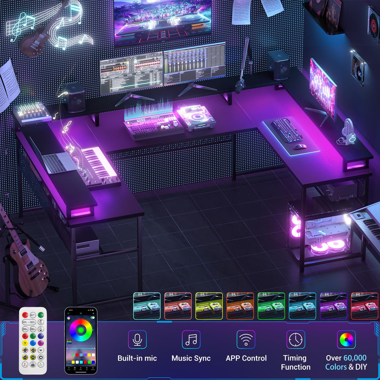 Unikito U Shaped Computer Desks, Reversible Office Desk with LED Strip and Power Outlets, L Shaped Table with Full Monitor Stand and Storage Shelves, 83 Inch Large U- Shape Gaming Desk, Black Unikito