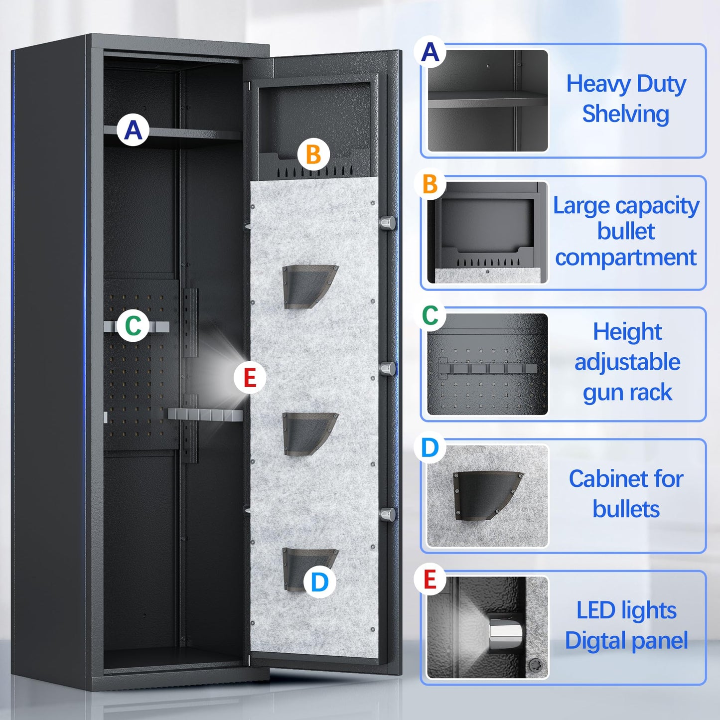 10-15 Large Gun Safe Cabinet With 3 Pistol Pouches,rifle Gun Safes for Home fireproof waterproof Adjustable Rack and Biometric Lock,Heavy-Duty Gun Safes for Rifles and Shotguns Money and Valuable