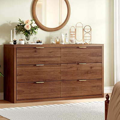 Ieejdn 55.12" Modern Chest of Drawer, 6 Deep Drawers,Clothes Organizer,Large Storage Cabinet for Living Room, Bedroom,Dresser TV Stand, Wood Drawer Organizer for Living Room, Hallway, Walnut