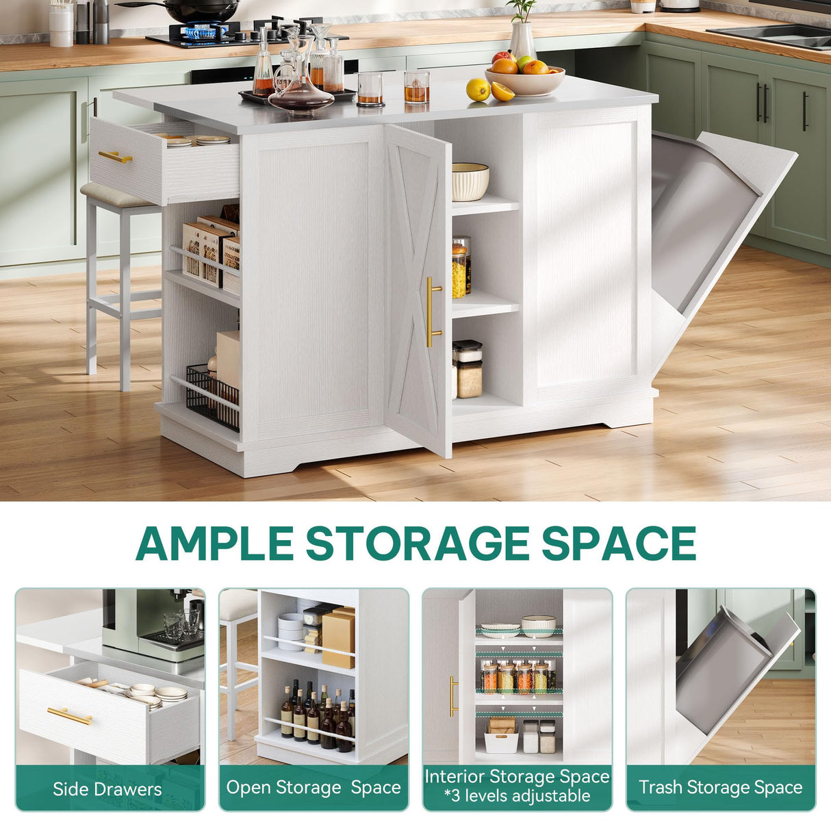 YITAHOME Kitchen Islands with Seating, 47" Mobile Storage Island with Trash Can, Rolling Kitchen Island Cart with Drop Leaf & Stainless Steel Countertop, Bar Table with 2 Stools, Spice Rack, White YITAHOME