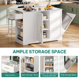 YITAHOME Kitchen Islands with Seating, 47" Mobile Storage Island with Trash Can, Rolling Kitchen Island Cart with Drop Leaf & Stainless Steel Countertop, Bar Table with 2 Stools, Spice Rack, White YITAHOME