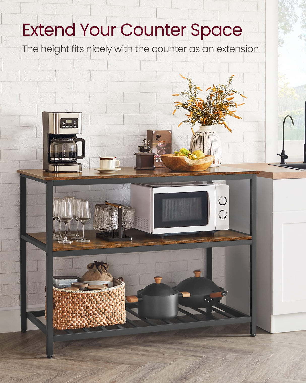 VASAGLE Industrial Kitchen Island with 3 Shelves and Large Worktop in Rustic Brown and Black VASAGLE