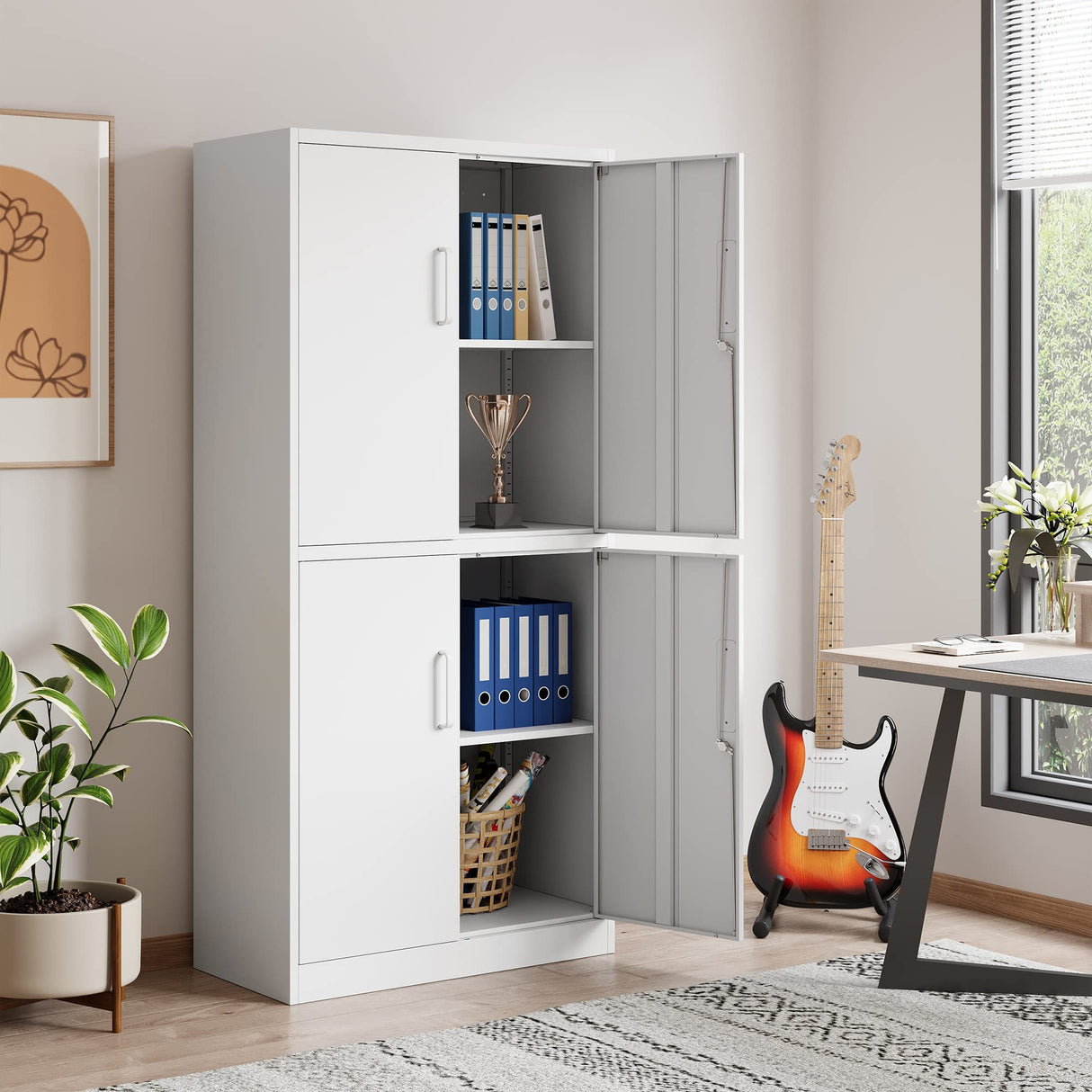 STANI Metal Storage Cabinet, Locking Steel Storage Cabinet with 4 Doors and 2 Adjustable Shelves, 71" Steel Lockable File Cabinet, Tall Steel Cabinet for Home Office,Garage,School (White) STANI