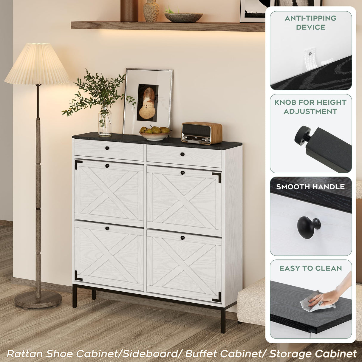 Brafab Large Shoe Storage Organizer Cabinet with 4 Flip Drawers, Freestanding Shoe Rack with Adjustable Shelf for Entryway, Living Room (White) Brafab