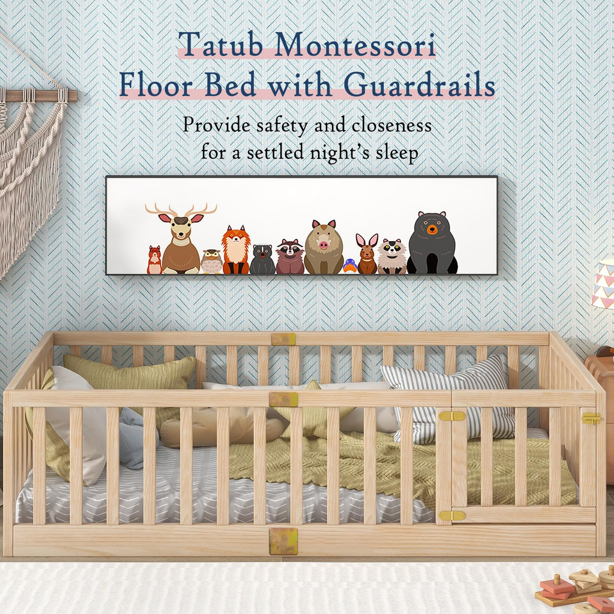 Tatub Montessori Twin Floor Bed with Safety Guardrails - Versatile Nature Wood Frame Tatub