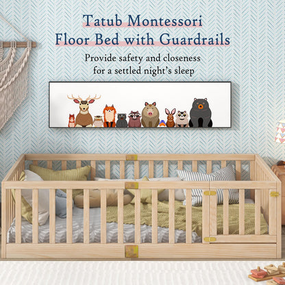 Tatub Montessori Twin Floor Bed with Safety Guardrails - Versatile Nature Wood Frame - WoodArtSupply