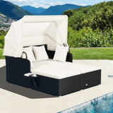 Tangkula Patio Rattan Daybed, Patiojoy Wicker Daybed Lounger w/Retractable Canopy, 2 Foldable Side Panels, Thick Seat & Back Cushions, for Garden, Backyard, Porch (Off White) Tangkula