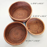 AMOLOLO 10 Inch Round Rattan Bowl Basket, Handmade Wicker Basket Tray with Scalloped Edge and 4”Deep Wall, Decorative Woven Dark Brown Bread Basket Fruit Bowl Key Holder Table Centerpiece, L amololo