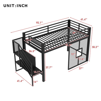 Ziraukon Twin Size Loft Bed, Metal Low Loft Bed Frame with Storage Staircase and Iron mesh, Loft Bed Twin Size with Storage Steps and Safety Guardrails, No Box Spring Needed, Black