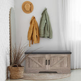 HOMSHO 2-Tier Storage Bench, Shoe Bench with Padded Seat Cushion, Entryway Bench with 2 Barn Doors, Adjustable Shelf, 13.8" D x 39.4" W x 17.7" H, for Entryway, Living Room, Bedroom, Greige HOMSHO