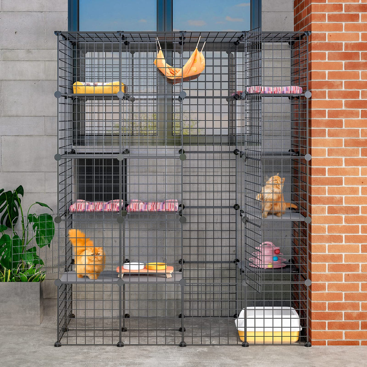 Oneluck Large Outdoor Cat House Catio Enclosure, DIY Cage Kennels Crate Spacious Exercise Place Ideal for 1-6 Cats, 55.1" L x 28.7" W x 69.8" H Balcony Playpen with 16 Platforms Super Large Door Oneluck