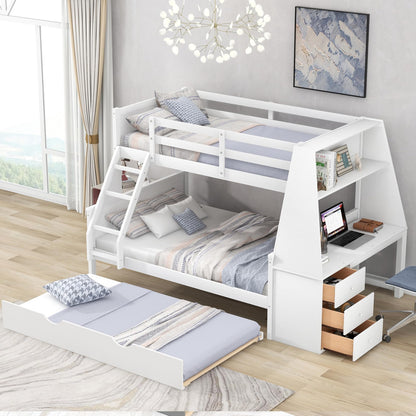 Harper & Bright Designs Twin Over Full Bunk Bed with Trundle and Desk, Solid Wood Bunk Bed Frame with Storage Drawers and Shelf, for Kids Teens Adults - White