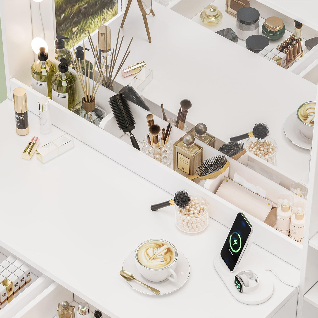 35.4" Makeup Vanity Desk with Charging Station, White Makeup Dressing Table with Mirror & Lights, 3 Lighting Modes Adjustable Brightness, Vanity Table with Power Outlet &5 Drawers Gold Handle lertrugs