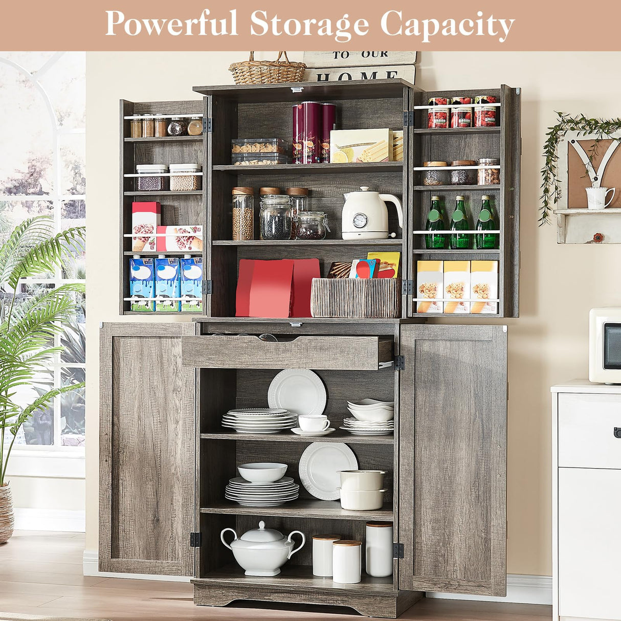 LUXOAK 72" Tall Farmhouse Kitchen Pantry with Rivet Barn Doors, Rustic Wood Cupboard Storage Cabinet/w Drawer & Adjustable Shelves for Dining Living Room, Bathroom & Hallway, Rustic Gray LUXOAK