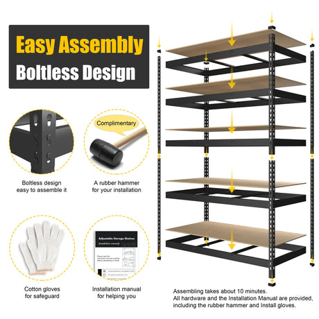PrimeZone 2 Pack Heavy Duty Adjustable 5 Tier Garage Storage Shelves - 47" W x 18" D x 71" H, Metal Utility Rack Shelf Unit for Warehouse, Pantry, Closet, Kitchen, Black PrimeZone