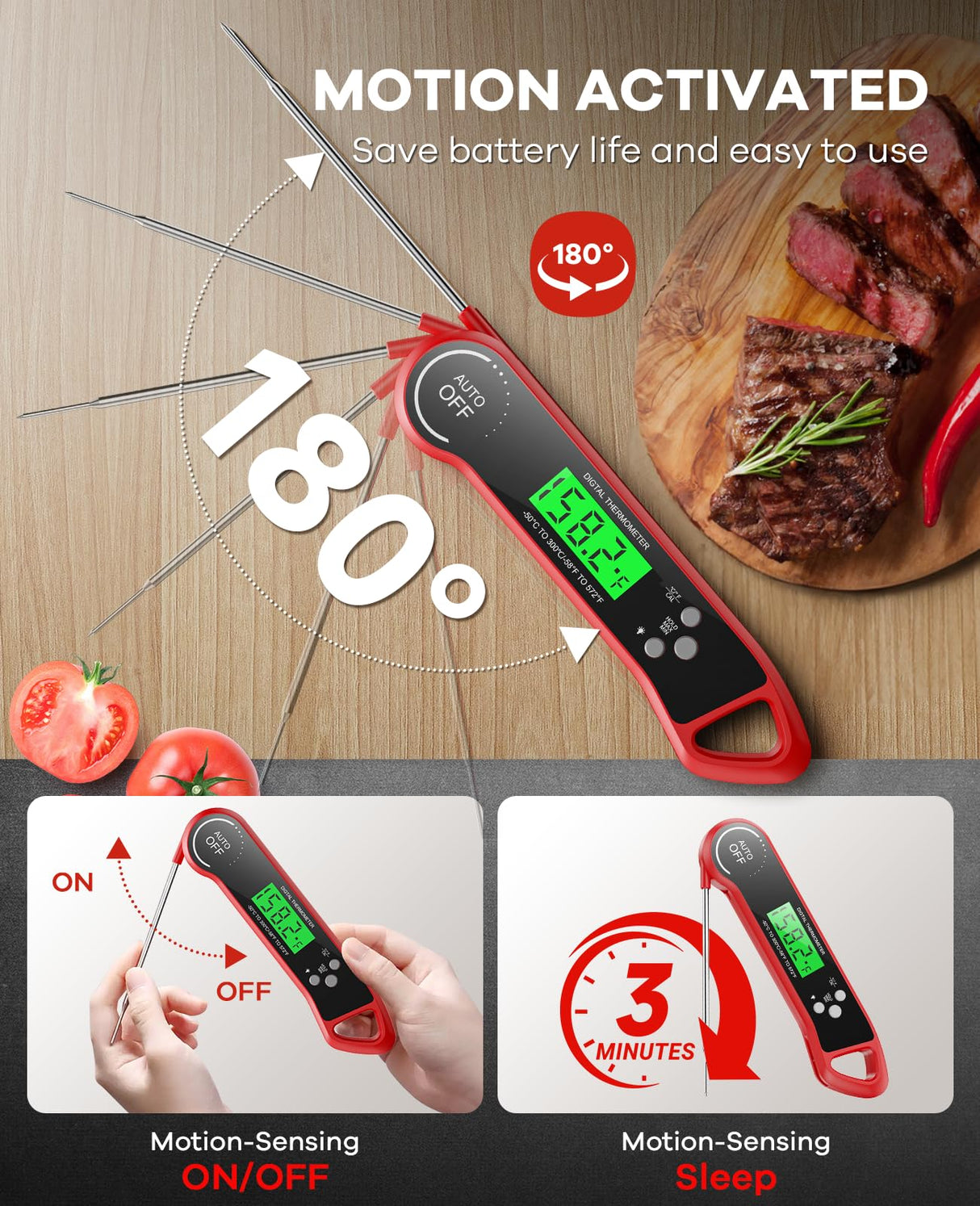 SILVLF Meat Thermometer Digital, Instant Read Thermometer with Backlight, Calibration & Hold Function, Waterproof Food Thermometer for Kitchen and Outside, BBQ, Turkey, Candy, Liquids, Beef (red) SILVLF