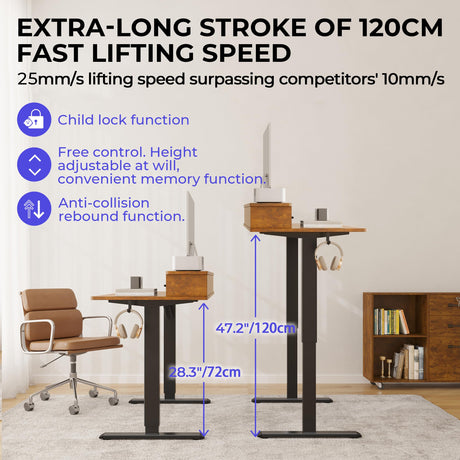 JOISCOPE 55 Inch Electric Standing Adjustable Height Desk with USB & Type-C Outlet, Home Office Computer Gaming Desk with Display Riser and Double Drawer, Sit Stand Desk, Vintage Oak JOISCOPE