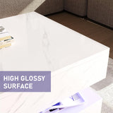 HOMFAMILIA LED Coffee Table with 2 Storage Drawers, Modern High Gloss White Coffee Table w/20 Colors LED Lights, 2 Tiers Rectangle Center Table for Living Room with Marbling Print, APP Control, White HOMFAMILIA
