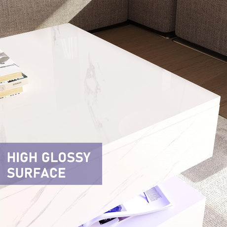 HOMFAMILIA LED Coffee Table with 2 Storage Drawers, Modern High Gloss White Coffee Table w/20 Colors LED Lights, 2 Tiers Rectangle Center Table for Living Room with Marbling Print, APP Control, White HOMFAMILIA
