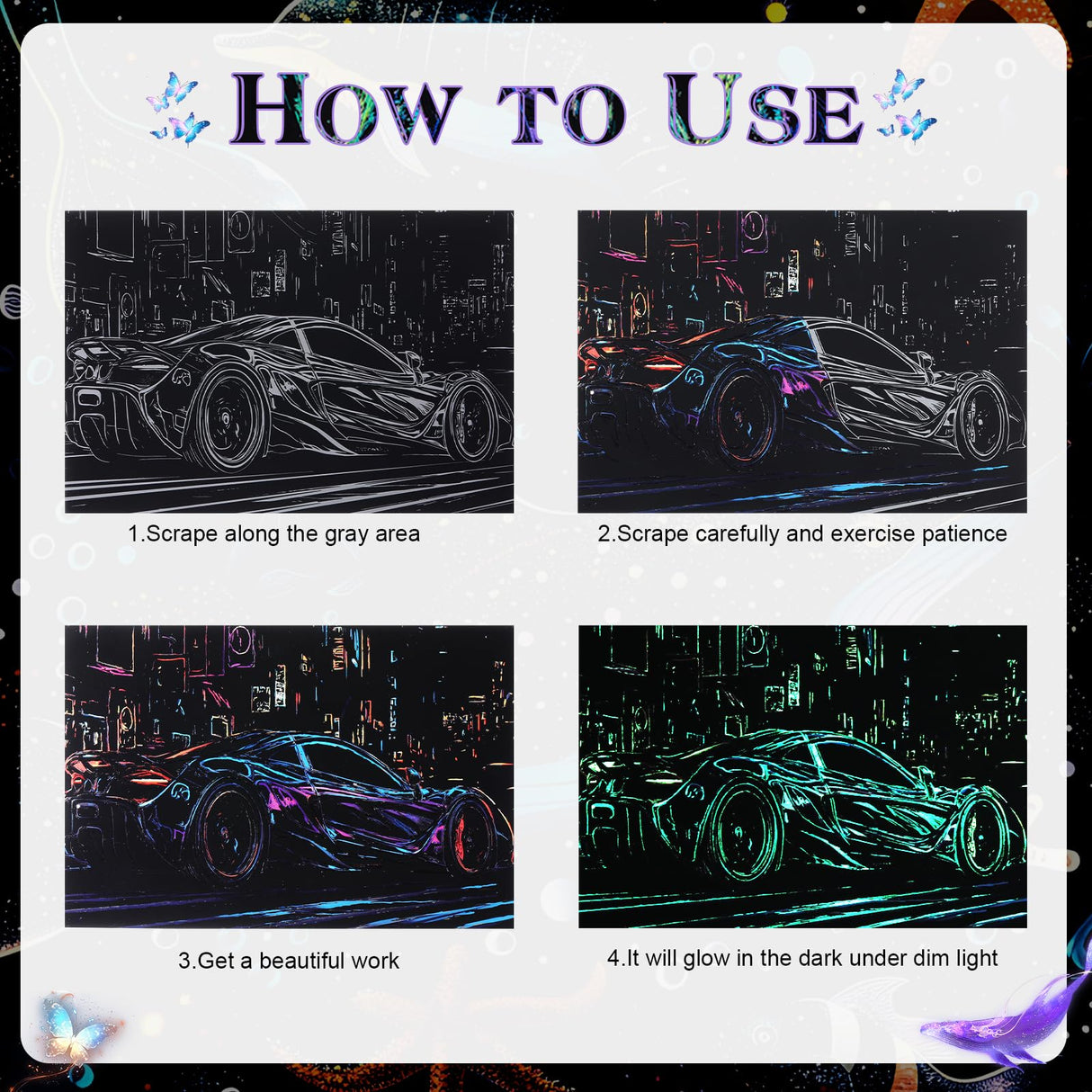 Gersoniel 4pcs Scratch Art Adult Scratch Painting Kits Glow in The Dark Rainbow Painting Paper with Pen & Cleaning Brush Noctilucent Scratchboard for Adults Gift, Racing Theme, Back to School Gifts Gersoniel