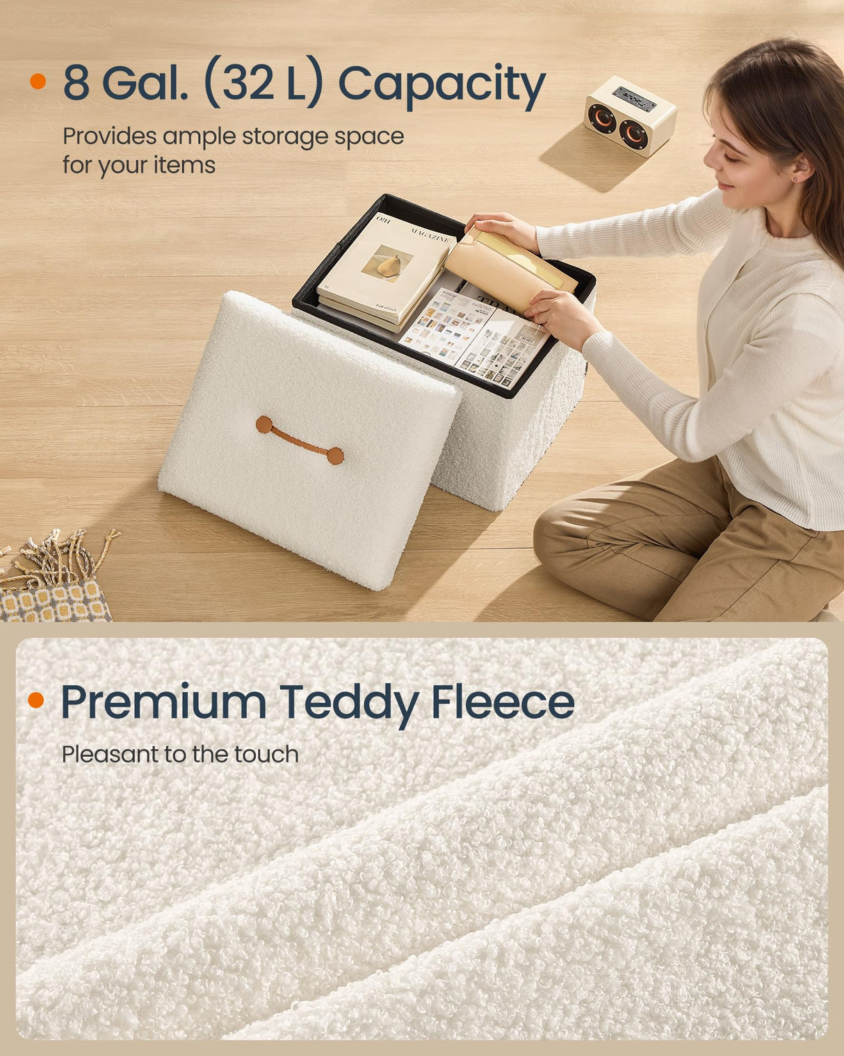 SONGMICS HOME Small Folding Storage Ottoman, Foot Rest Stool, 12.2 x 16.1 x 12.2 Inches, Ottoman with Storage, Load up to 286 lb, for Living Room, Bedroom, Dorm, Cream White ULSF094W01 SONGMICS HOME