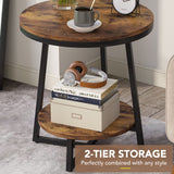 Tribesigns End Table, 2 Tier Round Side Table with Storage Shelf, Industrial Nightstand Bedside Table Coffee Accent Table for Living Room Bedroom Small Space, Rustic Brown Tribesigns