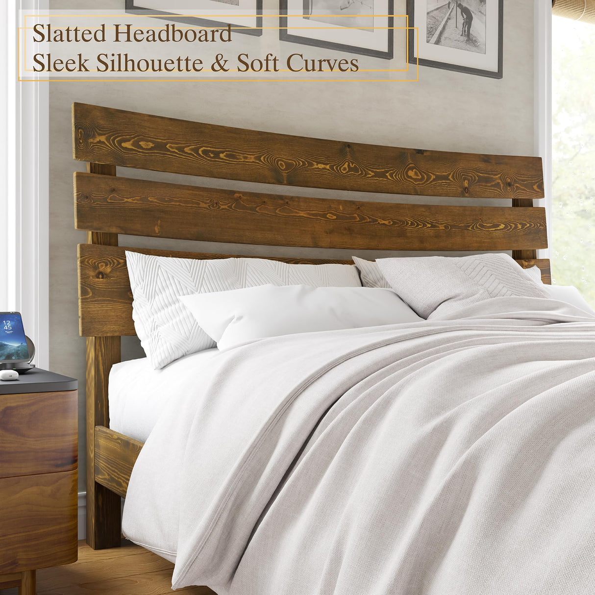 VanAcc King Size Solid Wood Mid-Century Platform Bed with Slatted Headboard in Caramel VanAcc
