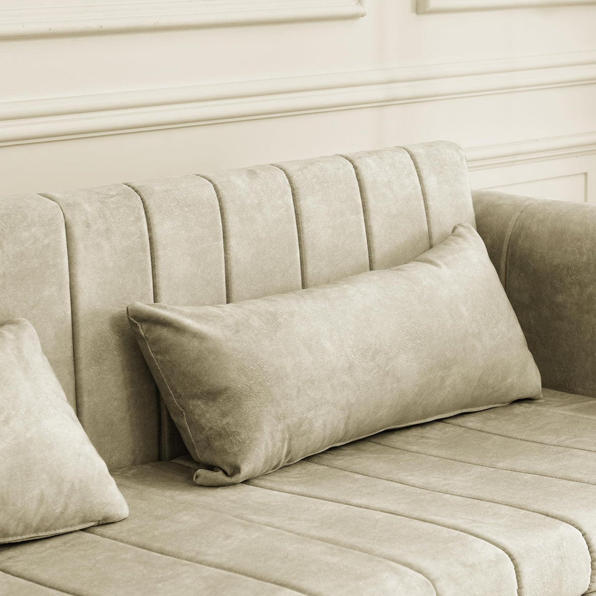 KIVENJAJA 82.3” Sleeper Sofa Bed Couch, Convertible 3-Seater Sofas with King Size Pull Out Sofabed, 3 in 1 Pullout Couches w/ 2 Drawers & Pillows for Living Room, Velvet, Beige KIVENJAJA