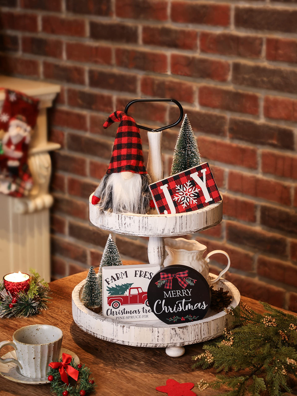 Christmas Tiered Tray Décor Set of 7, Merry Christmas Farm Fresh Truck, Joy Wood Sign Buffalo Plaid Gnome Plush and Trees, Farmhouse Table Home Party Shelf Fireplace Mantel Decor NEWLIGHTURE