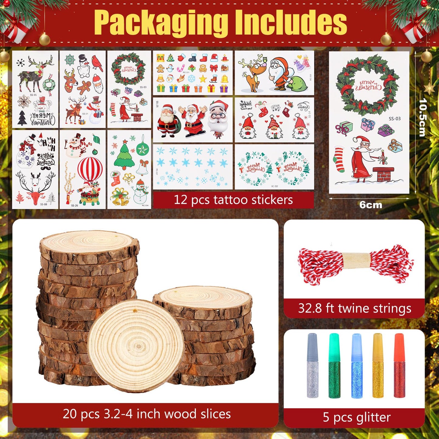 20 Pcs Christmas Natural Wood Slices 3.2-4 inches Includes Assorted Christmas Tattoo Stickers for DIY Crafts Unfinished Wood Kit Predrilled with Hole Wooden Circles Decor for Home Tree Xmas Party