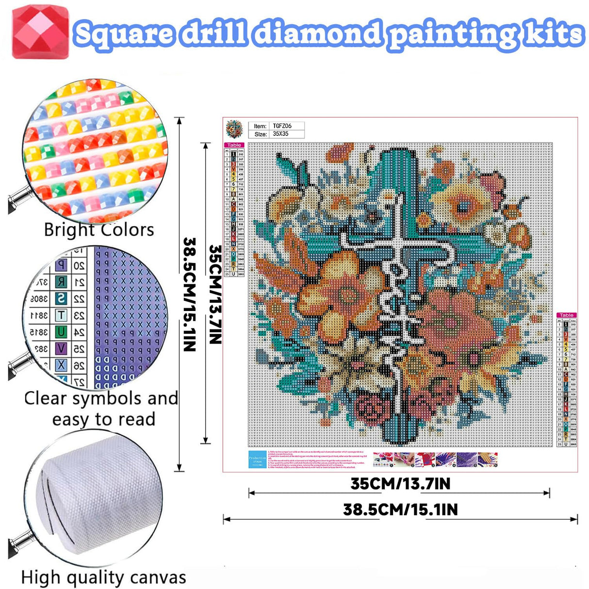 Square Drill Diamond Painting Cross Flower - 5D Full Square Diamond Art Kits for Adults with Tools, Stunning No-Gap Design, Easy to Apply and Frame, Home Wall Decor, Gift Idea(14x14 Inch) WEMEON