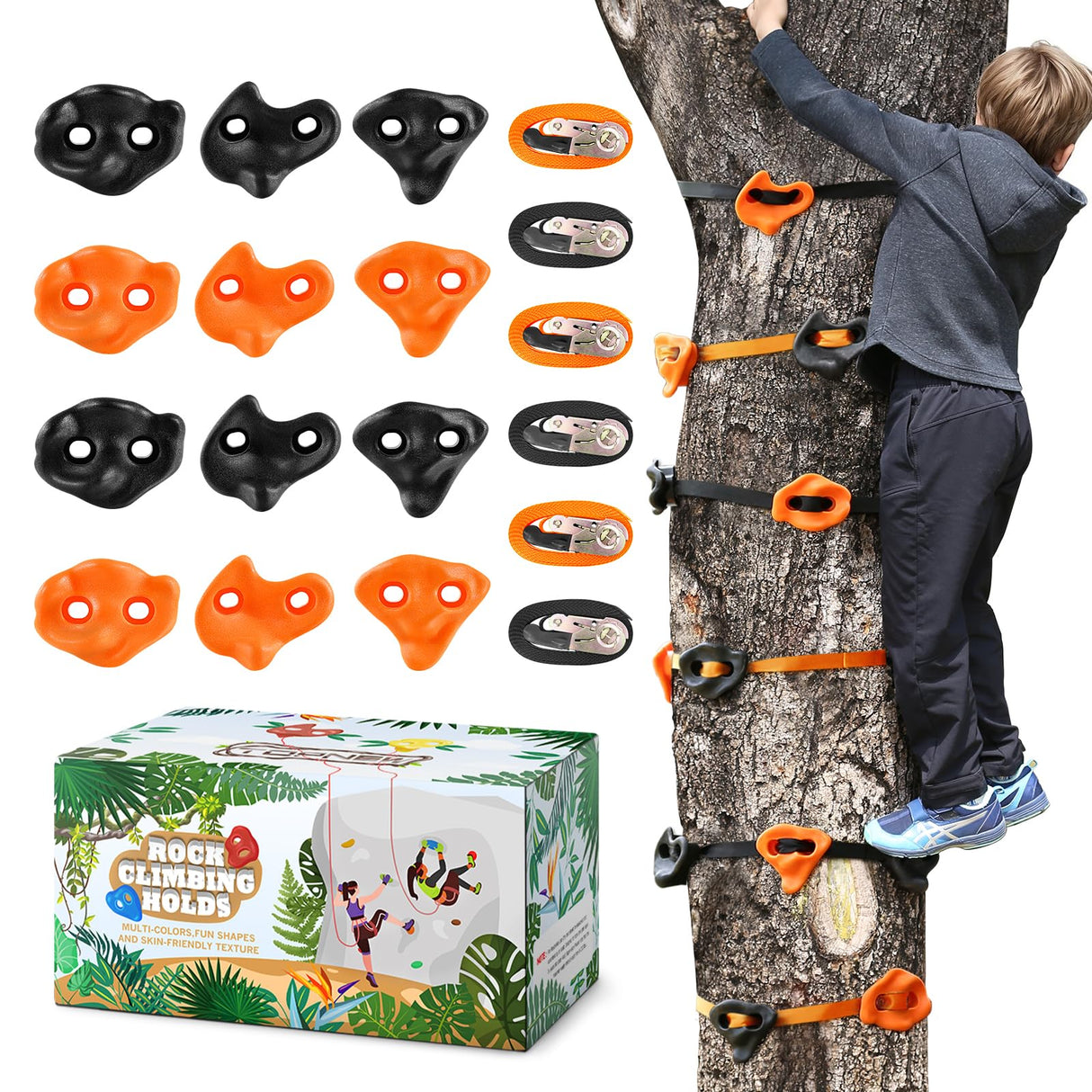 TOPNEW 12 Ninja Tree Climbing Holds for Kids Climber, Orange & Black Tree Climbing Kit with 6 Ratchet Straps for Outdoor Ninja Warrior Obstacle Course Training TOPNEW