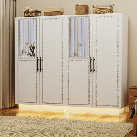Lihimte 70" Armoire Wardrobe with Mirror Doors and LED Lights, Closet Large Capacity Wooden Storage Cabinet for Home, Bedroom, Office, Laundry Room, White, 2 Package Lihimte