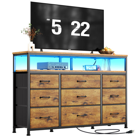 YeTom Tv Stand Dresser for Bedroom with Charging Station and LED Lights,9 Fabric Drawers Rustic Brown TV Stand with Open Shelf Storage,Media Console for TV ups to 55",Metal Frame,Wood Top,Rustic Brown YeTom