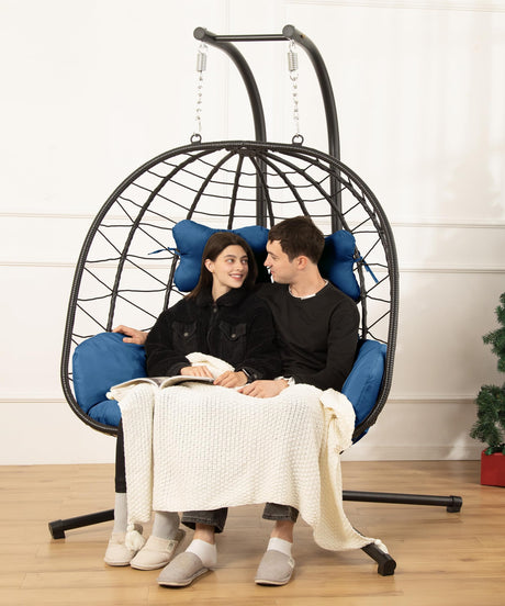 Double Egg Chair wth Stand Hammock Swing Chair Foldable Hanging Loveseat, UV Resistant Removable Cushions, 700LBS Capacity for Bedroom, Balcony, Garden(BK-BL) DoubleTT