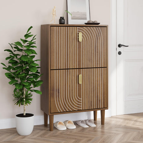 Smuxee Shoe Cabinet with 2 Flip Drawers, 23.6" Walnut Hidden Shoe Storage Cabinet with Line Groove Design, Freestanding Shoe Organizer Cabinet for Entryway, Hallway, Living Room Smuxee